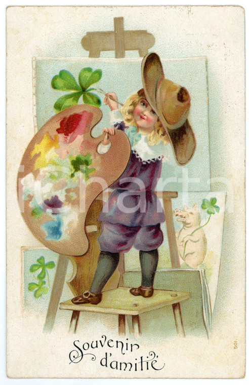 1907 SOUVENIR D'AMITIÉ - Child painting four-leaf clover - Embossed Postcard  Cartolina postale d'epoca, viaggiata, in rilievo.CONDIZIONI: G (lievi smussature angolari)FORMATO: FP    originale e autentica 1