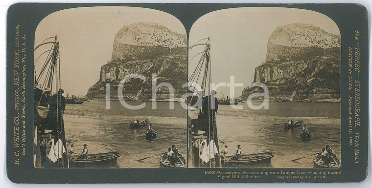 1908 TANGIER (MOROCCO) Passengers disembarking looking Gibraltar *Stereoview Fotografia stereoscopica d'epoca, su cartoncino rigido.EDITORE: H. C. White, USA   GOOD/buono  Formato: 18x9 cm originale e autentica 1