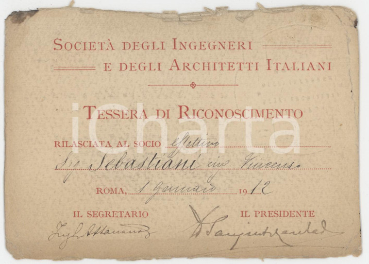 1912 ROMA Società Ingegneri e Architetti - Tessera Ing. Vincenzo SEBASTIANI