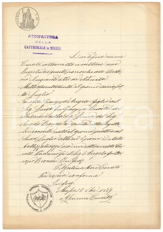 1889 Arcipretura Cattedrale MASSA Certificato nascita Giuseppe Angelo VENOSTA Documento originale, rilasciato dall'Arcipretura di Massa, con timbri.PAGINE: 4 (1 scritta) FAIR/discreto piegature d'epoca; piccoli strappi marginali Formato: 21x30 cm originale e autentica 1