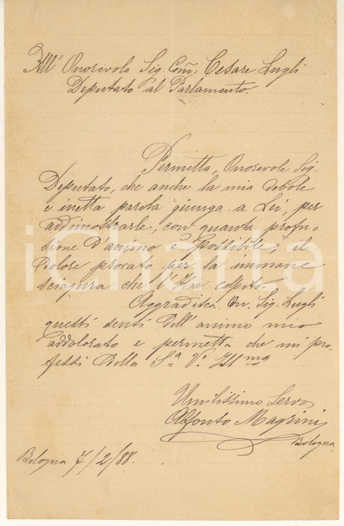 1888 BOLOGNA Lettera Alfonso MAGRINI architetto - Condoglianze *Autografo Lettera autografa.PAGINE: 4 (1 scritta) FAIR/discreto piegature d'epoca Formato: 13x21 cm originale e autentica 1