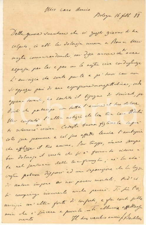 1888 BOLOGNA Lettera Francesco BERTOLINI professore e giurista - Autografo Lettera interamente autografa, con messaggio di condoglianze, di Francesco Bertolini, giurista, docente universitario e preside di Facoltà.PAGINE: 1 FAIR/discreto piegature d'epoca; minime mancanze marginali Formato: 11x17 cm originale e autentica 1