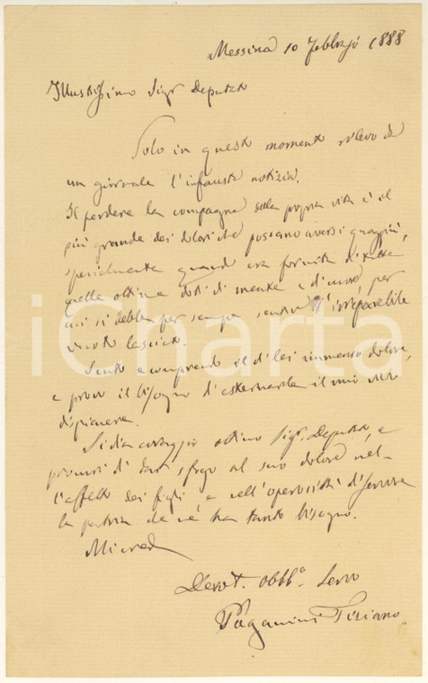 1888 MESSINA Lettera Tiziano PAGANINI magistrato - Condoglianze *Autografo Lettera interamente autografa.PAGINE: 4 (1 scritta) FAIR/discreto lievi piegature angolari dovute all'inserimento in un album; piegatura centrale d'epoca Formato: 13x21 cm originale e autentica 1