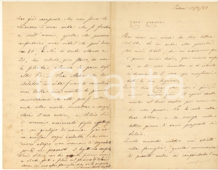 1888 PADOVA Lettera Andrea SANTELLI per condoglianze - Autografo Lettera interamente autografa di Andrea Santelli, consigliere della Società veneta per imprese e costruzioni pubbliche.PAGINE: 4 FAIR/discreto piegature d'epoca Formato: 11x18 cm originale e autentica 1