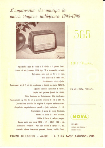 1948 MILANO Radio NOVA Apparecchio 5G5 *Volantino
