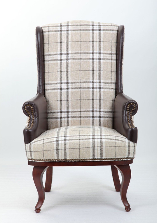 Brown Burberry Fabric Chesterfield Style Bonded Leather High back Armchair