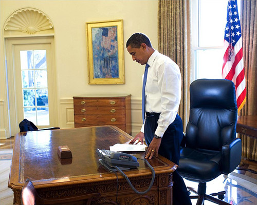 President Barack Obama, First Day in Oval Office, January 21, 2009 Poster