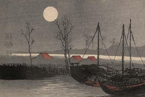 Sailboats moored under the moon.