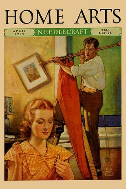 Wife sews while a man hangs a picture