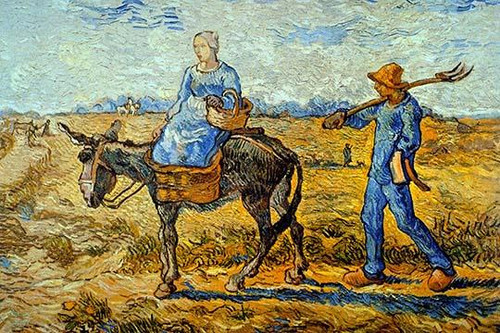 Morning with farmer and pitchfork; his wife riding a donkey and carrying a basket