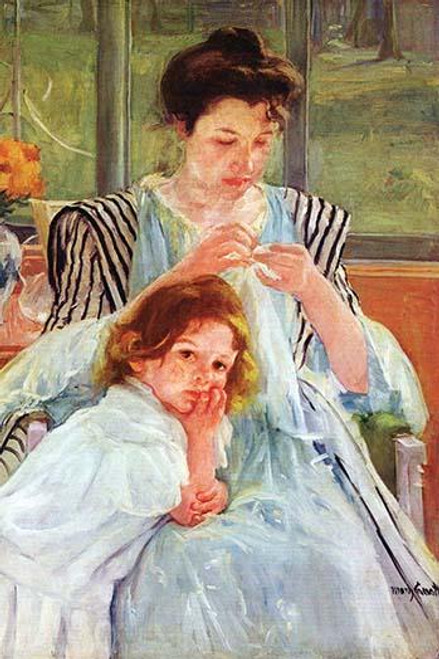 Young mother sewing