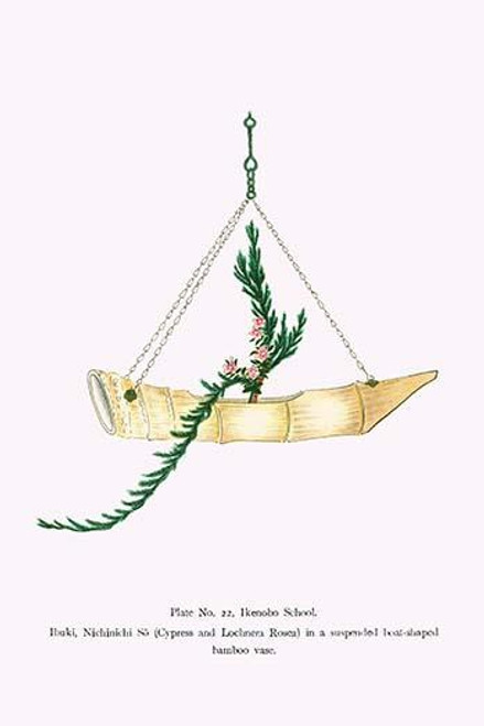 Ibuki & Nichinichi So (Cypress and Lochnera Rosea) in a suspended Boat Shaped Bamboo Vase