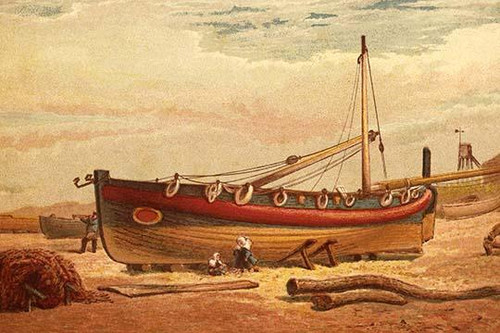 Children sit below a large drydocked boat on the beach