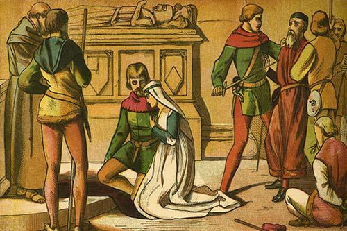 Robin Hood & Maid Marian beside a saint's tomb