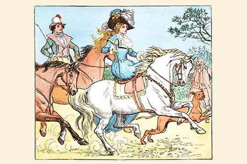 Young Girl Rides a White horse followed by a suitor