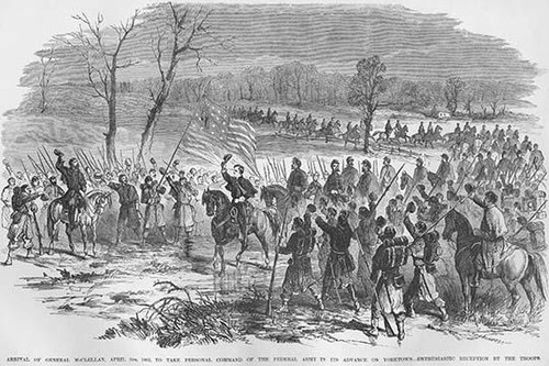 General McClellan arrives to take command of the Siege of Yorktown, Virginia