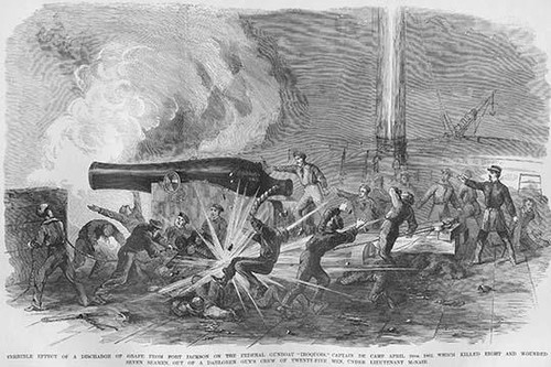 Grape Explosion from Fort Jackson creates havoc on Gunboat Iroquois