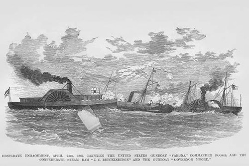 Naval engagement between the Confederate Steam Ram & US Gunboat Varuna & USS Governor Moore