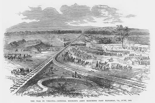 Hooker's Army marches past Manassas, Virginia