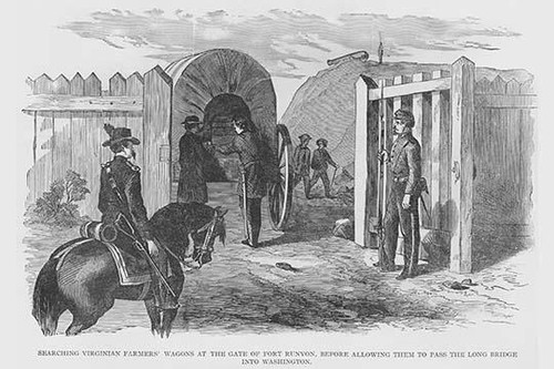 Checkpoint at Fort Runyon examines Farmer's Wagon before permission to enter DC