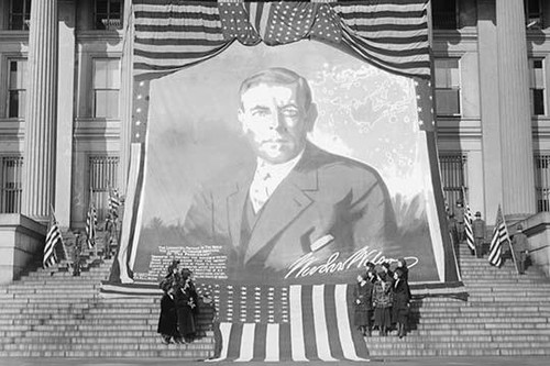 Huge Woodrow Wilson Painting on Fabric Draped in Front of Government Building