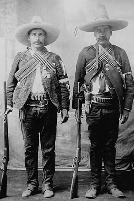 Pancho Villa's Men Urbino & Iluarte stand at attention with rifles, bandoliers and Pistols