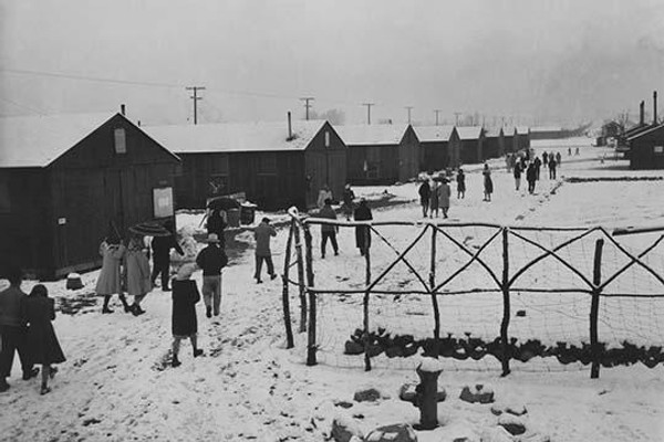 People leaving Buddhist church, winter