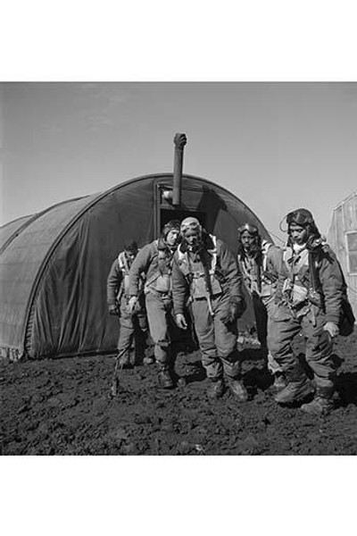 Tuskegee airmen exiting the parachute room, Ramitelli, Italy, March 1945