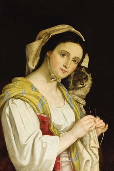 Portrait of a Woman Knitting with a Cat