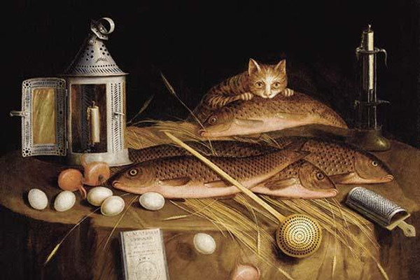 Kitchen Still Life with Fish and Cat