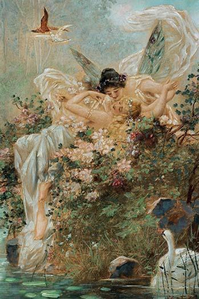 Two Fairies Embracing in a Landscape with a Swan