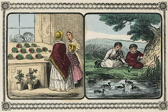 Women visit a shop that sells plants and boys by a pond count ducks.