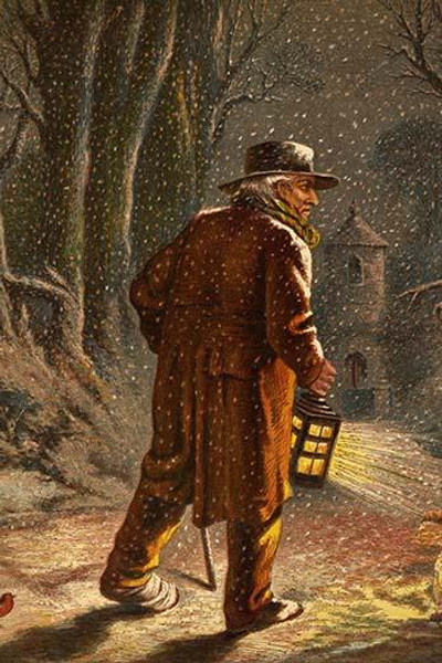 Walking outside in the falling snow wth a lantern on Christmas Eve.