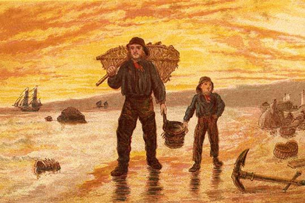 Fisherman & his son carry baskets on the beach past an anchor