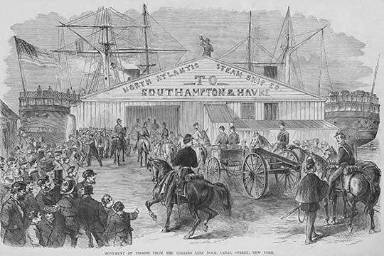 Union troops embark at Canal Street Dock for transportation to the South.