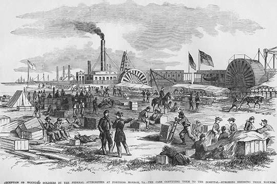 Wounded received at Fortress Monroe, surgeons dressing wounds