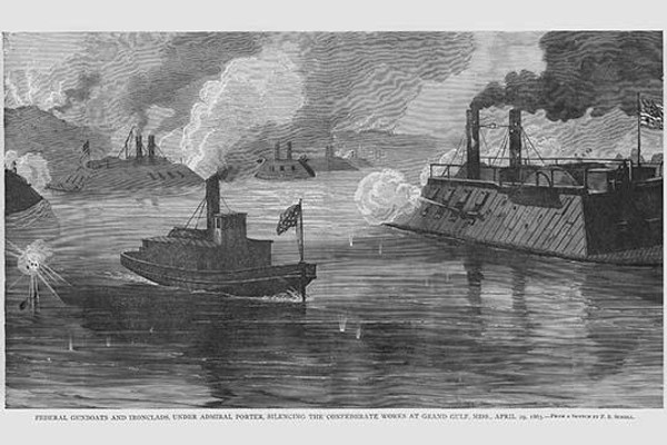 Federal Gunboats & Ironclads under Admiral Porter bombard Confederates at Grand Gulf Mississippi