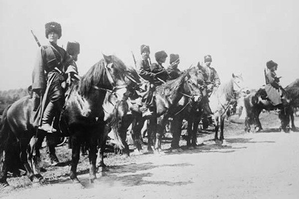 Mounted Russian Cossacks Scan the Battlefield