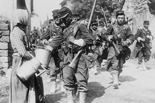 Peasant Woman provides water to passing French Troops