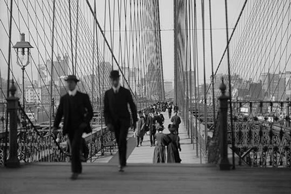 Pedestrians Cross the Brooklyn Bridge