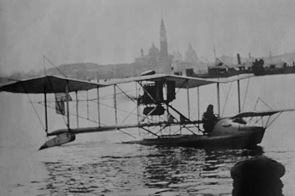 Biplane Land in the Canals of Venice; Captain Ginocchio's Airplane