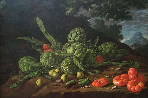 Still Life with Artichokes, Tomatoes in Landscape