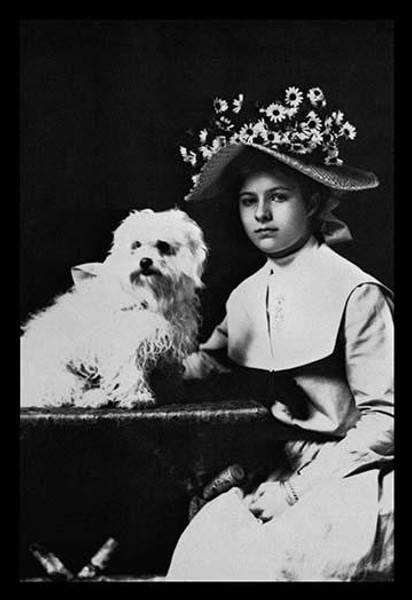 Woman in Bonnet with Maltese Terrier