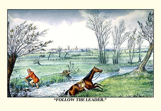 Horse and Rider Climb out of the Stream on Different Sides