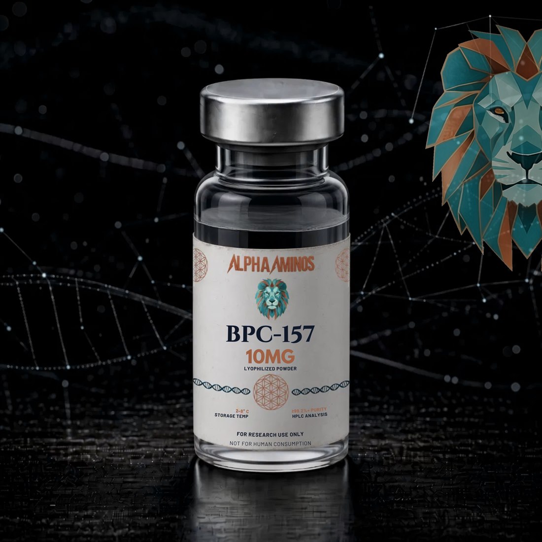 An Alpha Aminos BPC-157 research vial, labelled for research use only