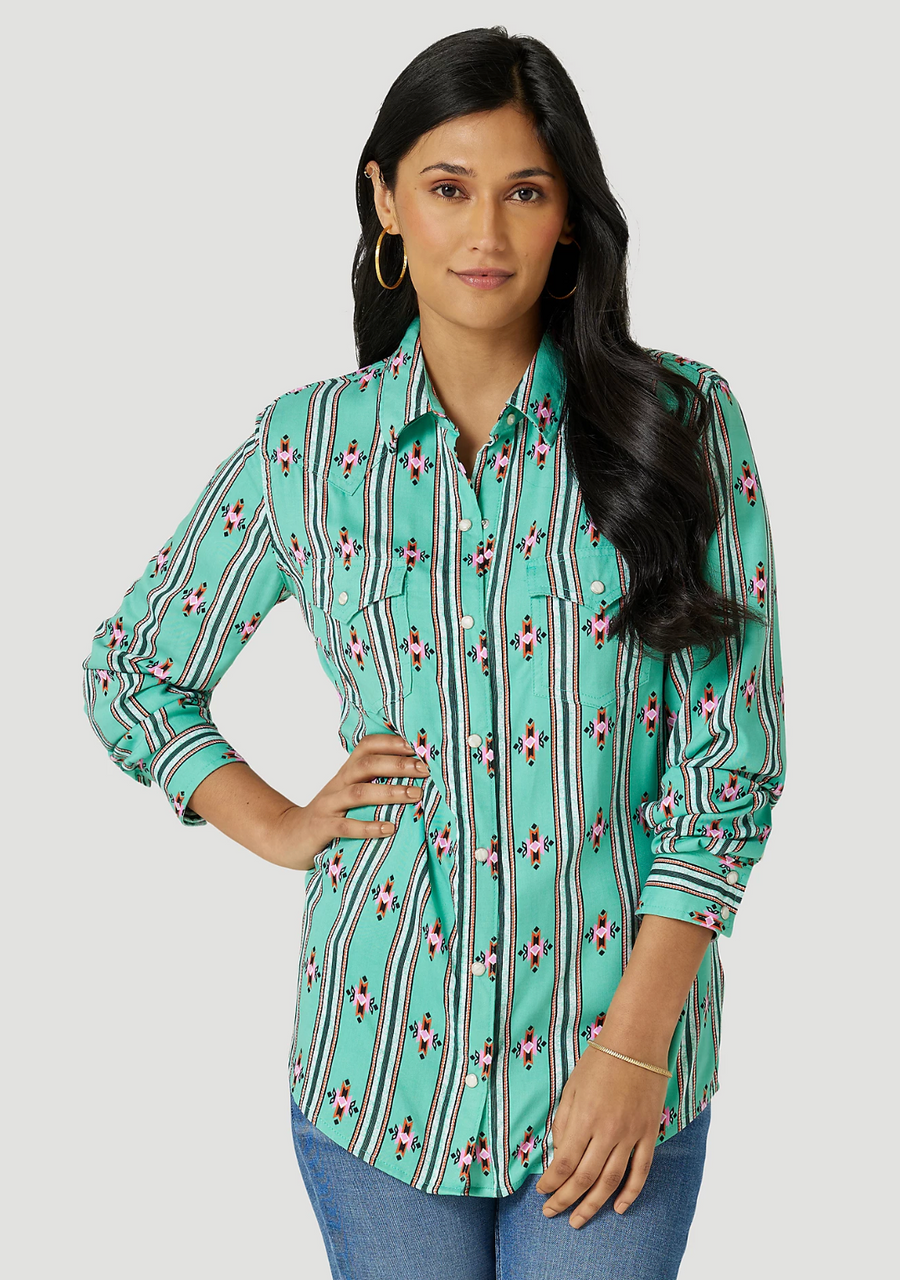 WOMEN'S WRANGLER RETRO® LONG SLEEVE SOUTHWESTERN STRIPE WESTERN Snap Shirt  In Green Print - Old Fort Western Store