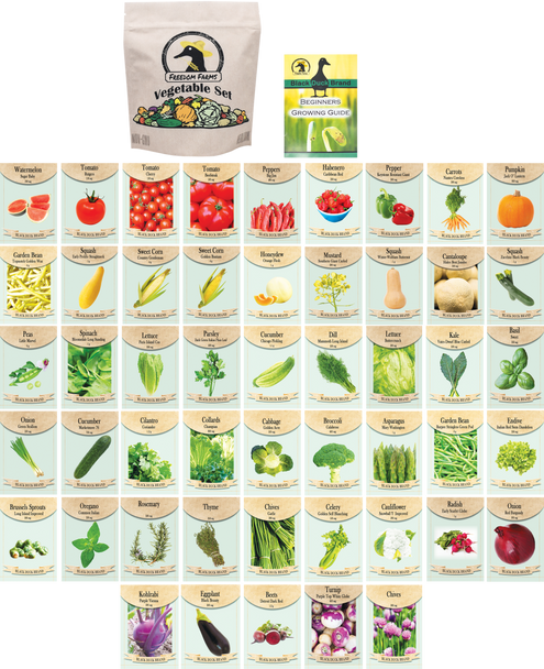 Set of 50 Assorted Vegetable Packets with Beginners Growing Guide & Mylar Storage Bag | Non-GMO | Heirloom