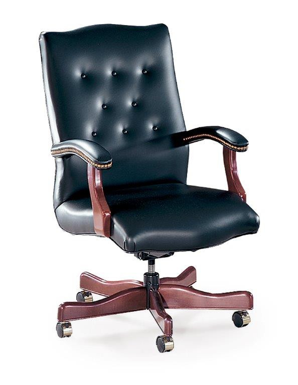 Vale Traditional Leather and Wood Swivel Chair Tufted