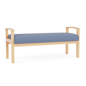 Lesro Amherst Wood Two Seat Bench, Chambray Vinyl Light Navy, Natural Frame Finish, 3/4 Front View Lesro Amherst Wood Two Seat Bench, Chambray Vinyl Light Navy, Natural Frame Finish, 3/4 Front View