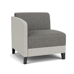 Lesro Fremont Right Hand Guest Chair, Linette Vinyl Platinum Arms and Lower Panel Upholstery, Connelly Owl Seat and Back Upholstery, Black Wood Foot Finish, 3/4 Front View